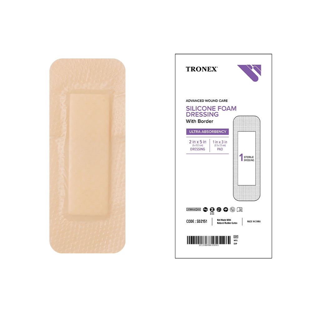 TRONEX SD2151 Silicone Foam Dressing 2”x5”, Adhesive Border, Waterproof, Sterile, Ultra Absorbency, Breathable, Advanced Wound Care, Gentle Removal, Latex Free, Beige, Pack of 100