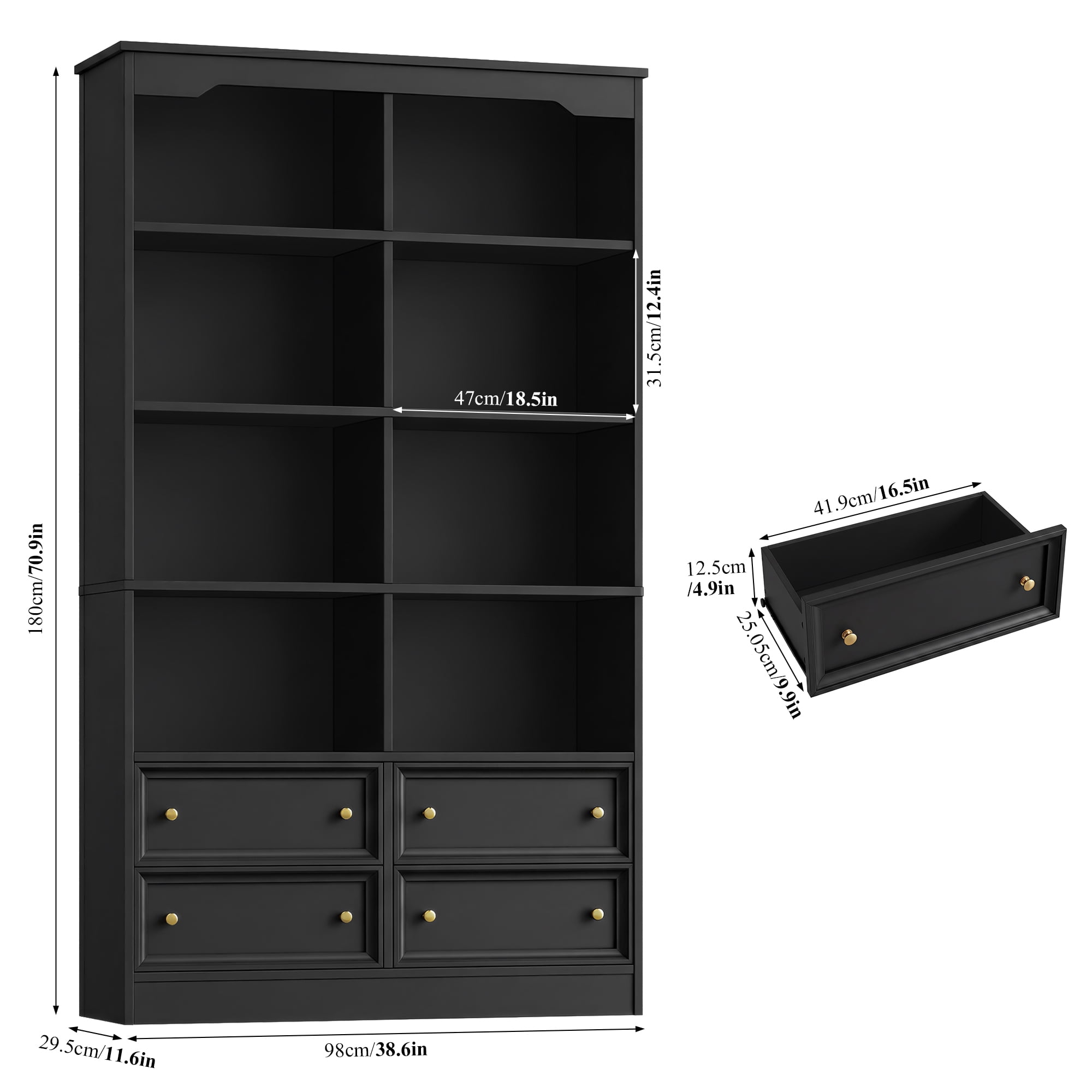 Homfa Double Row 6 Tier Bookcases, 71 in Tall Bookcase Bookshelf with 4 Drawers and 8 Display Cubicles, for Home Office Living Room, Black