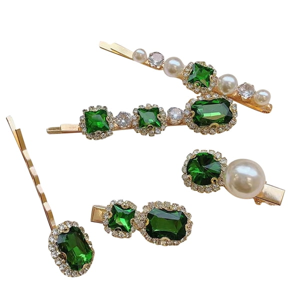 5PCS Emerald Green Rhinestone Pearl Hair Clips Set - Vintage Elegant Bobby Pins & Barrettes, Luxury Hair Accessories for Women Girls Wedding Daily Wear