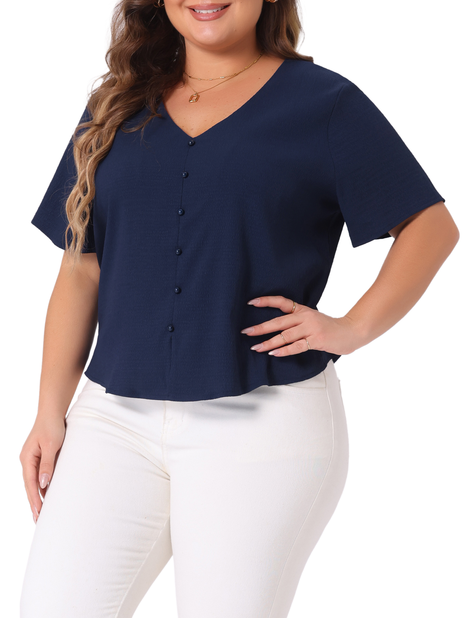 DARING DIVA Women's Plus V Neck Button Casual Blouse 4X Navy Blue