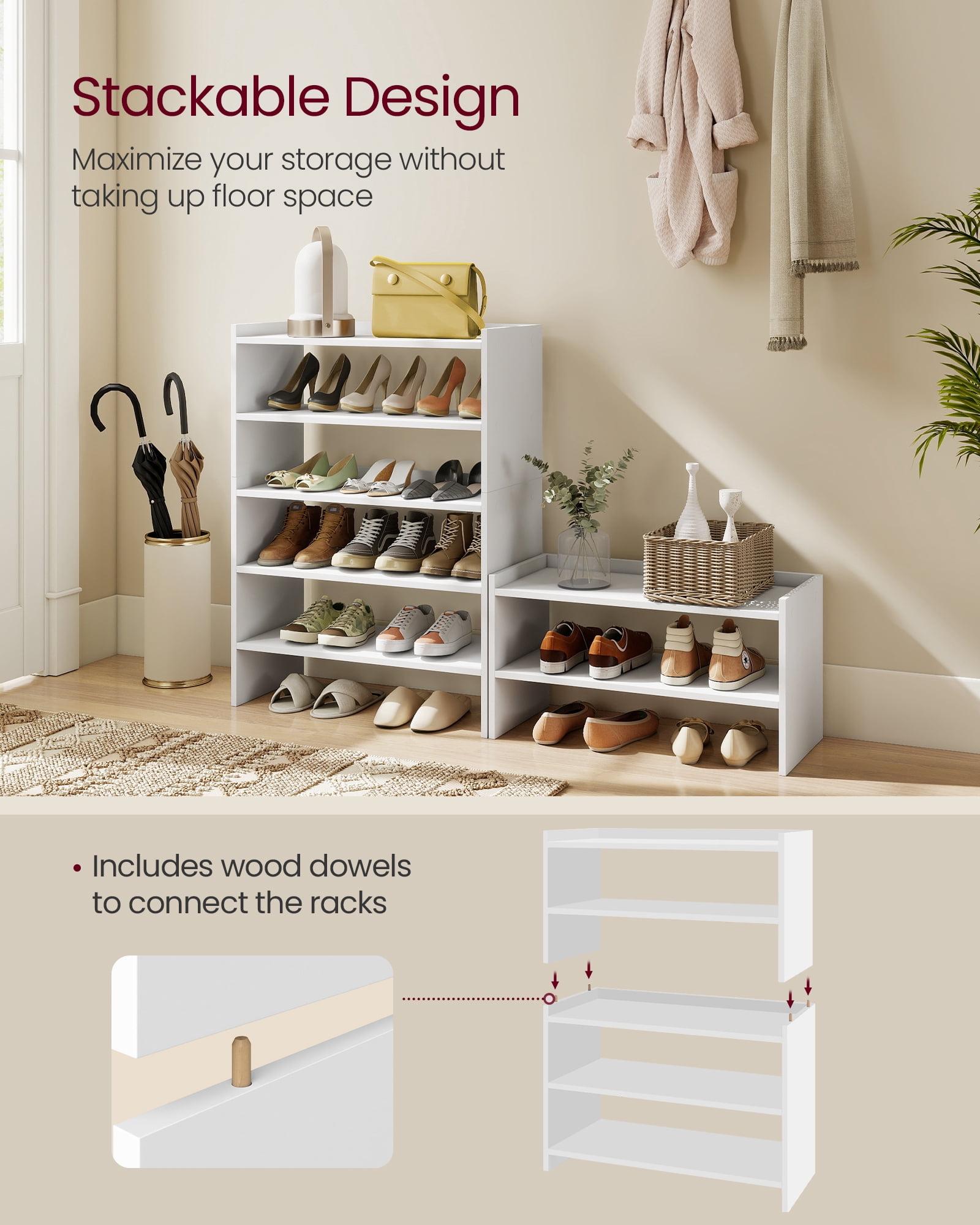 VASAGLE Shoe Rack for Closet, Stackable Shoe Organizer Shelf for Entryway, 2 Tiers, 11.7 x 24.4 x 14.2 Inches, White