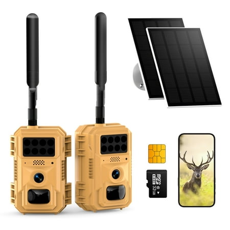 2PK -2K Cellular Trail Camera Solar Powered Game Camera with Night Vision Motion Activated Waterproof No WiFi Hunting Gear Trail Cam Sends Pictures to Cell Phone Deer Hunting Gift for Men