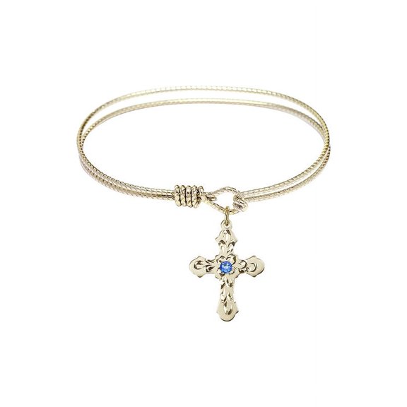 6 1/4 inch Oval Eye Hook Bangle Bracelet w/ Cross medal charm w/ September Blue Swarovski Crystal