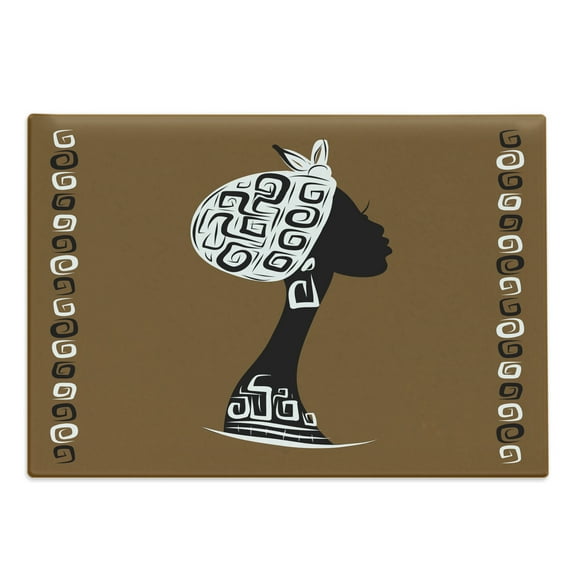 African Cutting Board, Female Head Silhouette Headscarf Geometric Framework, Decorative Tempered Glass Cutting and Serving Board, Large Size, Brown White Black, by Ambesonne