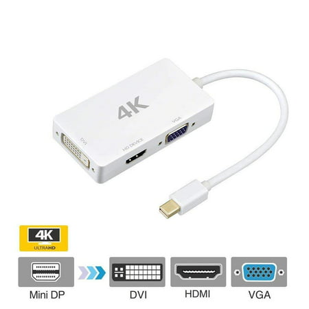 3 in 1 4K Mini DisplayPort to HDMI VGA DVI TV Adapter Converter Thunderbolt compatible for iMac, 2015 MacBook Pro, Surface Pro3 Pro4, Google Chromebook, PC- White,