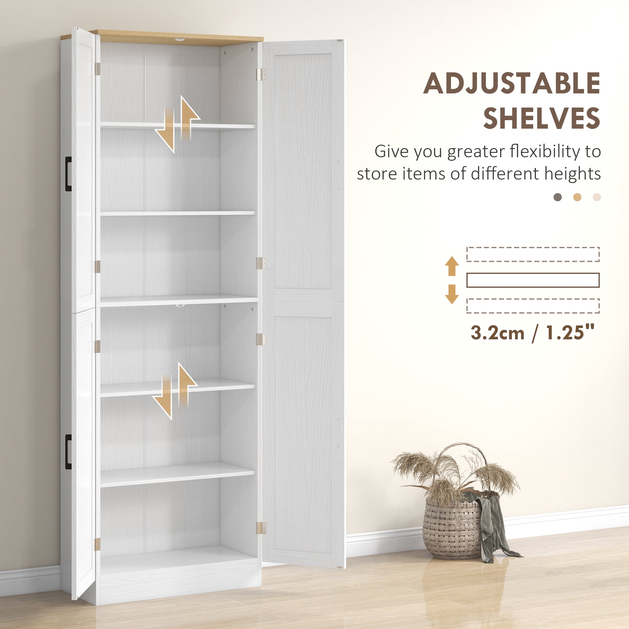 HOMCOM 67" Kitchen Pantry Storage Cabinet w/ Shelves, White Embossed Wood Grain
