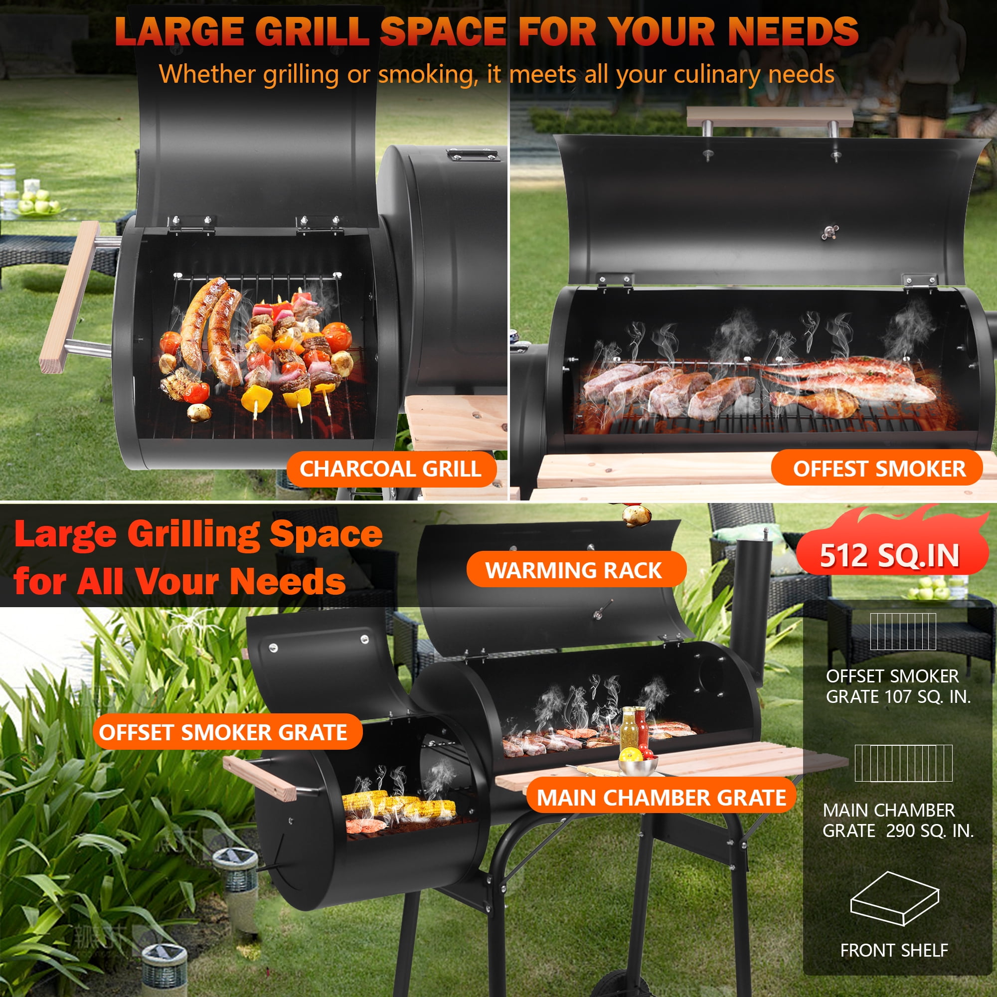 Charcoal BBQ Grills, 30'' Portable Barrel Charcoal Grill Smoker, Outdoor Stainless Steel BBQ Grill Cooking with Temperature Gauge, Metal Grates and 2 wheels for Patio, Porch, Picnic, SS1048