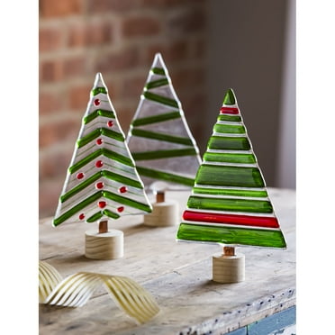 Glass Holiday Tree Tabletop Decor with Wooden Base, 3 Assorted, 5.9'' x 2'' x 9.7'' inches