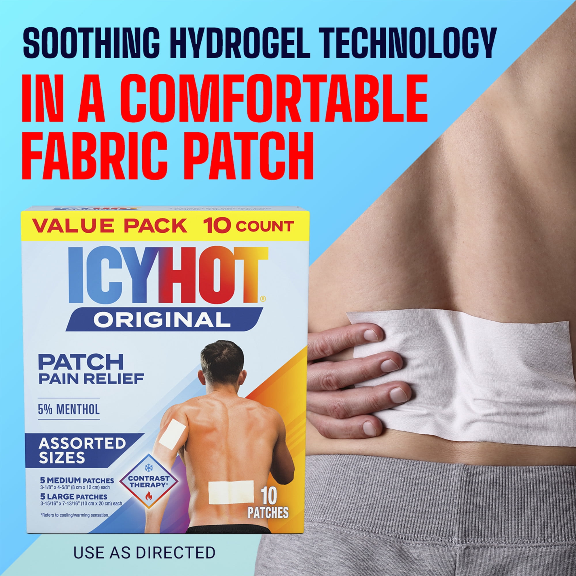 Icy Hot Original Pain Relief Patch Variety Pack, 5 Medium and 5 Large Comfortable Fabric Patches With Menthol 5%, Contrast Therapy for Backaches, Joints, Muscle Strains and Arthritis, 10 Count