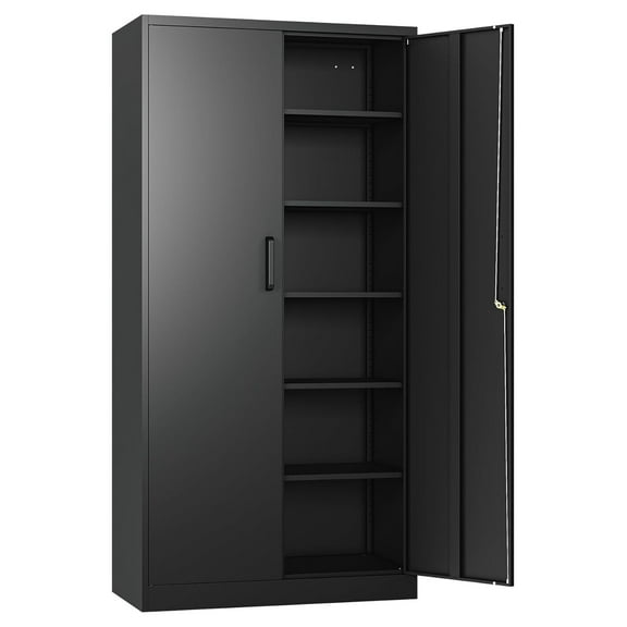 YOSITiuu Metal Storage Cabinet with 2 Doors and 6 Shelves,Black Metal Cabinet with Lock,71" Lockable Garage Storage Cabinet,Locking Storage Cabinet,Steel Cabinet for Home,Office,Garage,Shop,School