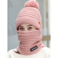 thumbnail image 3 of Gustave Women Pom Beanie Hat Scarf One-Piece Winter Fleece Lined Knit Warm Skull Cap Balaclava Mask Set Conjoined Ski Snow Hat and Scarf Neck Warmer (Pink), 3 of 7