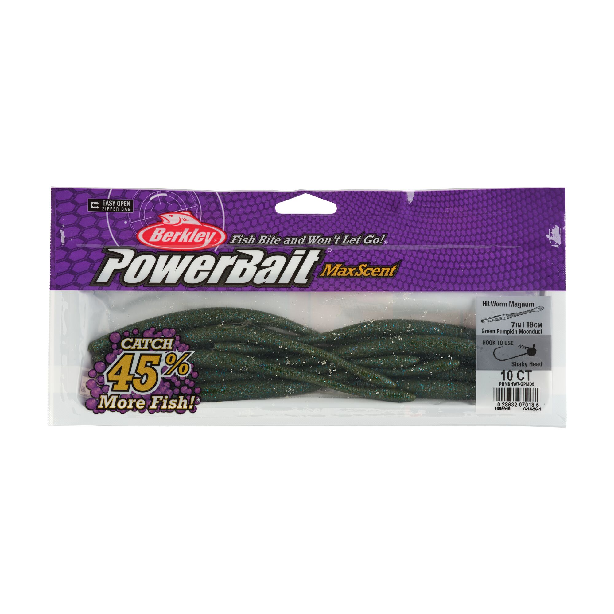 Berkley PowerBait MaxScent Fishing Lure, 7 in, Green Pumpkin Moondust (10-count)