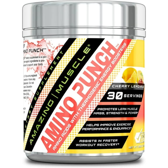 Amazing Muscle Amino Punch 5500 Mg Per Serving of Amino Acids | Cherry Lemonade Flavor | 30 Servings | Contains Beta Alanine, Caffeine, Green Tea Extract, Green Coffee Bean | Made in USA
