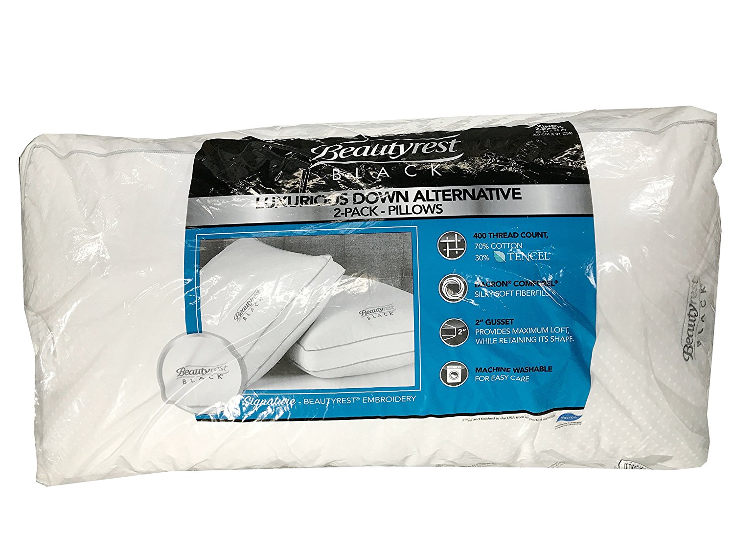 BeautyRest Black Luxurious Down Alternative Pillows 400 Thread King - 2 ...