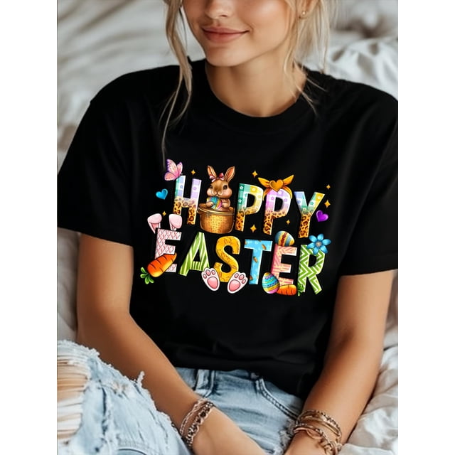 Plus Size Women's Easter Tee - Cute Cartoon Letter Print, Casual Round Neck, Short Sleeve, Polyester - Machine Washable, Spring/Summer Collection, Plus Size Blouses Tee For Adult, Men, Women, Teen, T