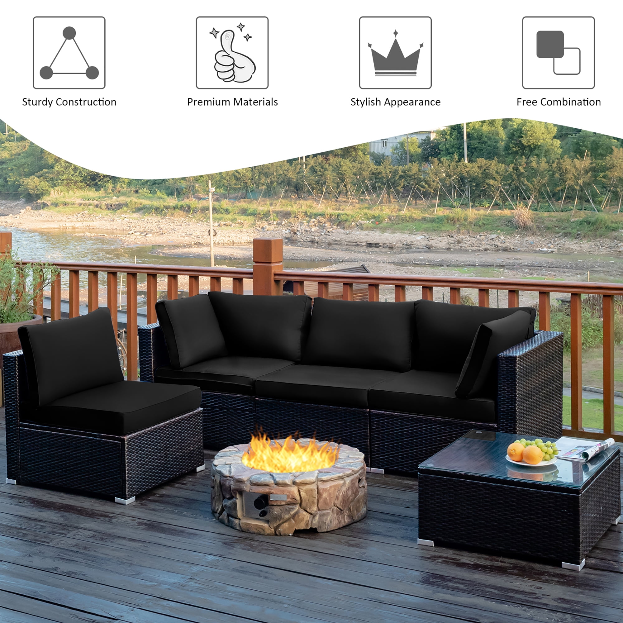 Costway 5PCS Patio Rattan Furniture Set Cushioned Sofa Chair