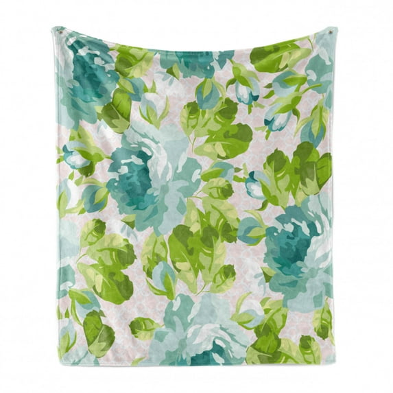 Shabby Flora Soft Flannel Fleece Throw Blanket, Tropical Botany Garden Theme Blue Roses Leaves and Bouquets, Cozy Plush for Indoor and Outdoor Use, 50" x 70", Turquoise Pale Pink, by Ambesonne