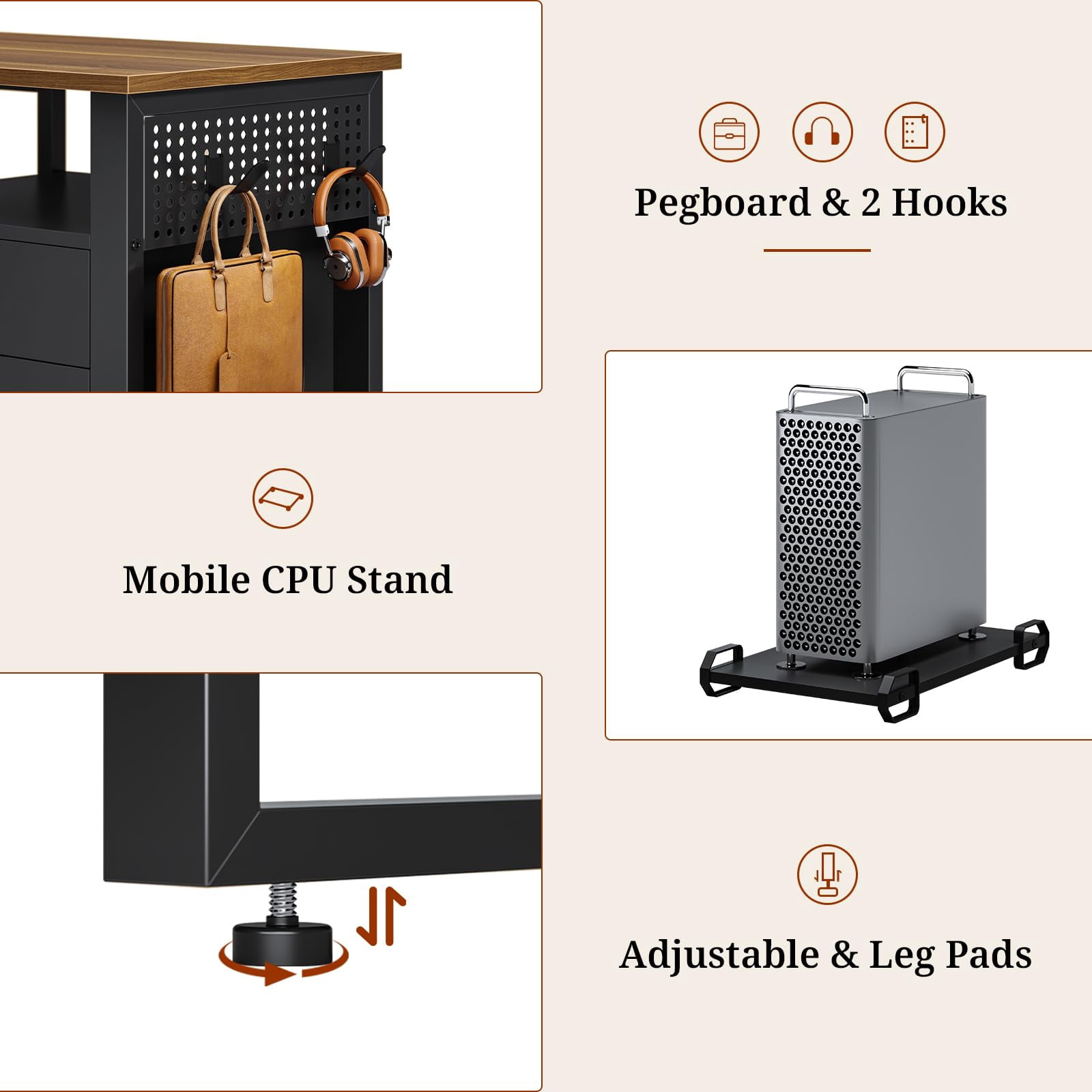 71" L-Shaped Executive Desk with Power Outlets & Mobile CPU Stand, Computer Desk with Storage Shelves, File Cabinet & Pegboard, Corner Desk for Office, Home, Walnut