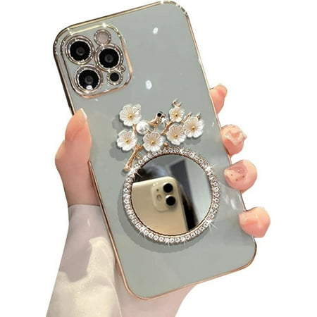 Compatible with iPhone Case,Glitter Diamond Mirror Makeup Bling Flower Floral Electroplated Bumper Camera Lens Protection Soft Shockproof Cover Phone Case (Blue,iPhone 14 Pro Max)