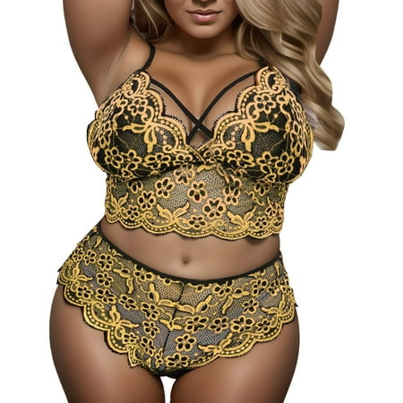Mnyotv Bra and Underwear Sets for Women Lace Push up Bras for Women Set Garter Pajamas Underwear Lingerie Ring Fashion Lace Sleepwear Steel Sexy Yellow 2XL