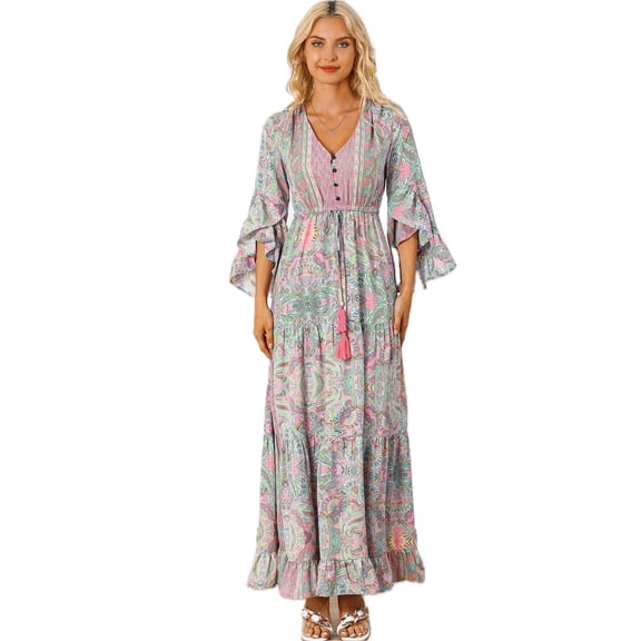 Women's Printed Tassel Tie V Neck Tiered Dress with Sheer Details and Opaque Stretch Fabric 60% Polyester Occasion