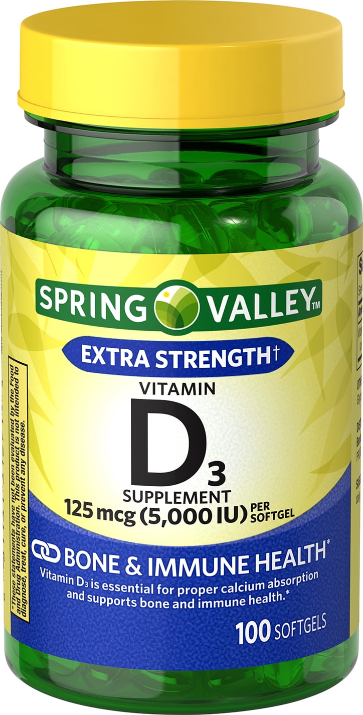 Spring Valley Vitamin D3 Softgels, 5000 IU, 100 Count