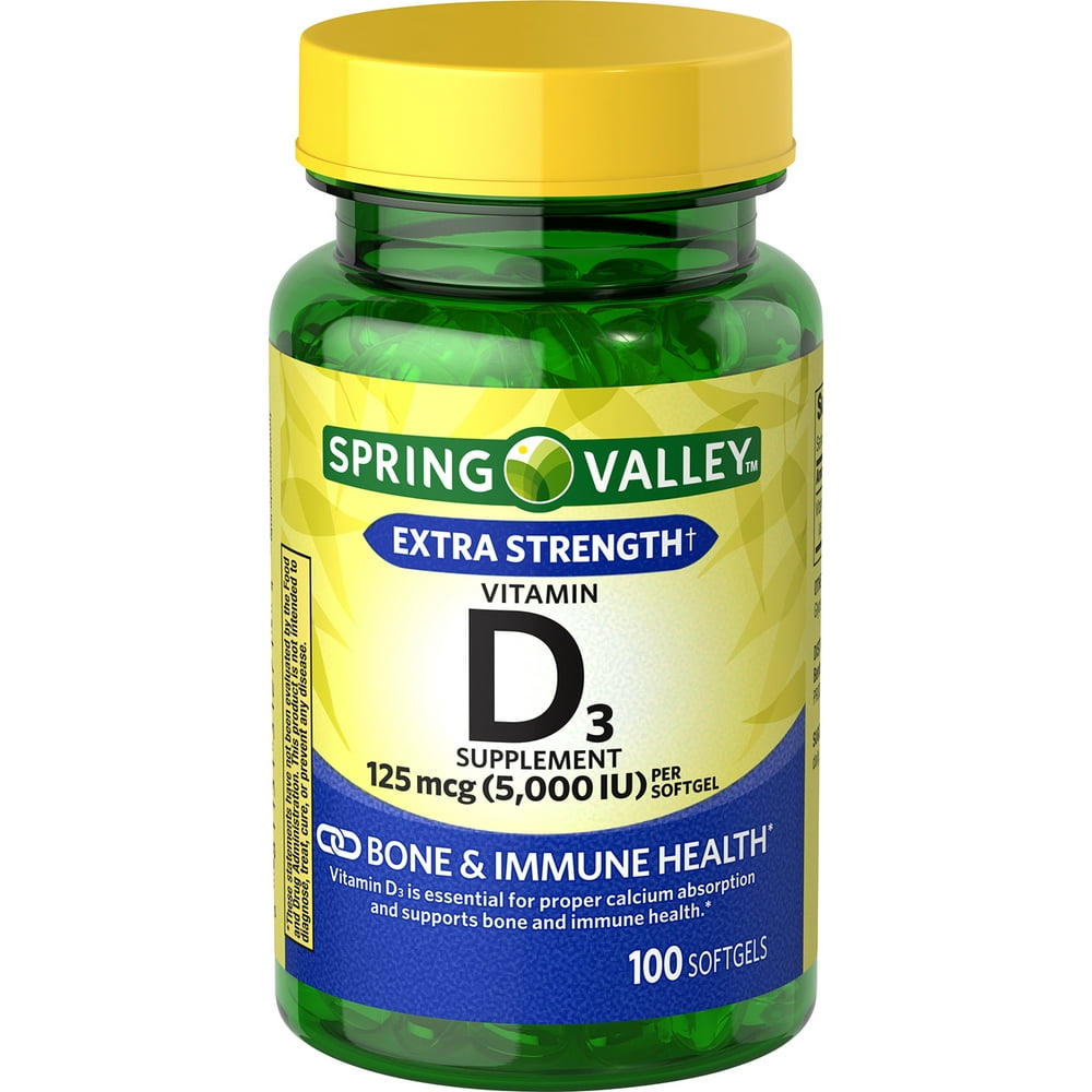 Spring Valley Vitamin D3 Softgels, 5000 IU, 100 Count