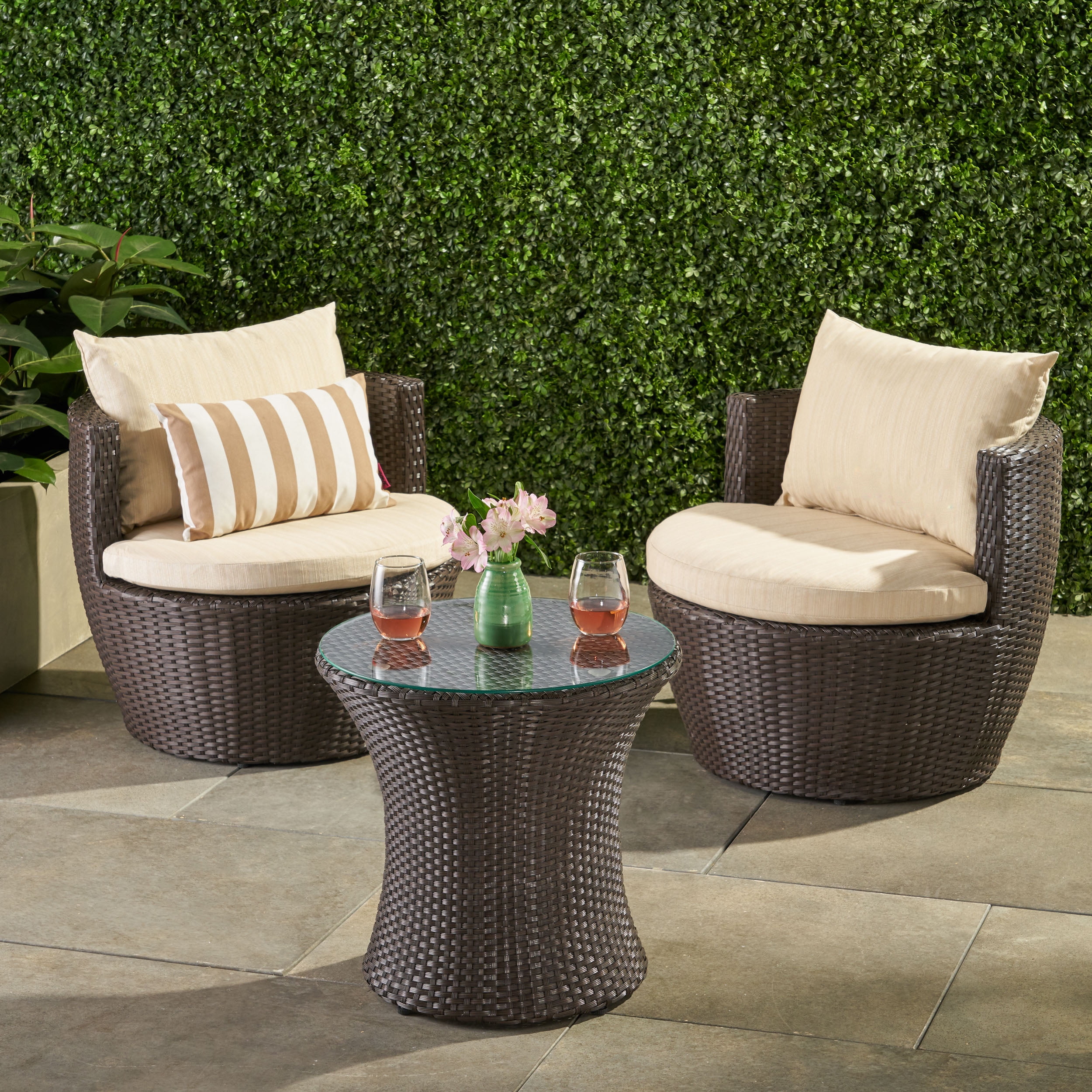 Brown Belleze 3pc Patio Outdoor Rattan Patio Set Wicker Backyard Yard Furniture Outdoor Set Hour Glass Table Round Chairs Talkingbread Co Il