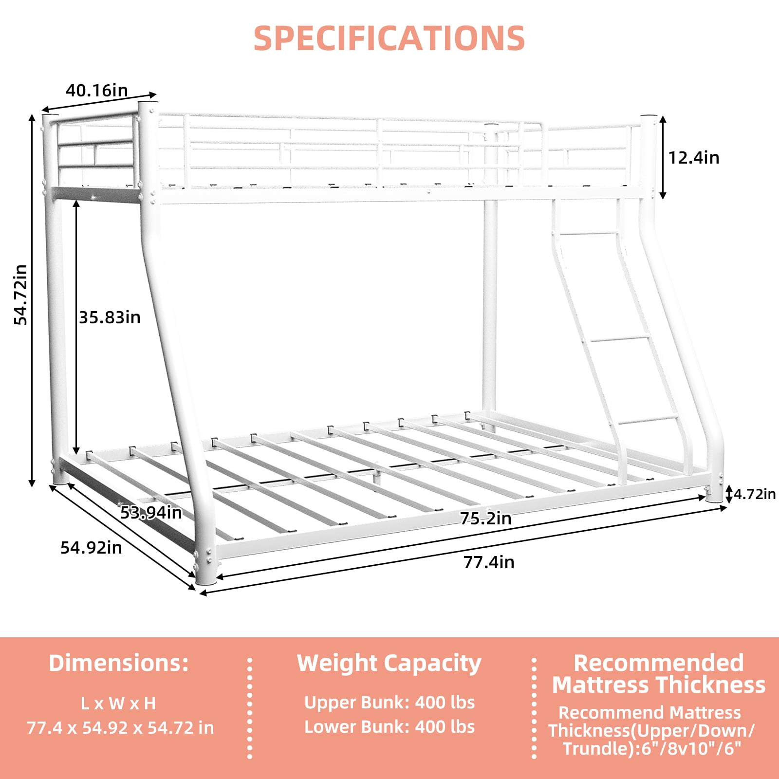 Mintazer Twin Over Full Bunk Bed, Metal Bunk Bed Frame with Guardrails and Ladder for Kids Teens Bedroom Dorm Apartment, White