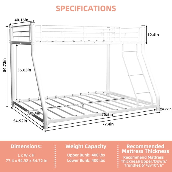 HMYG Twin over Full Metal Bunk Bed, White