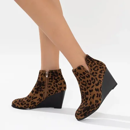 

Side Zip Wedge Ankle Boots For Women Suede Solid Color / Leopard Pattern Women‘s Short Boots