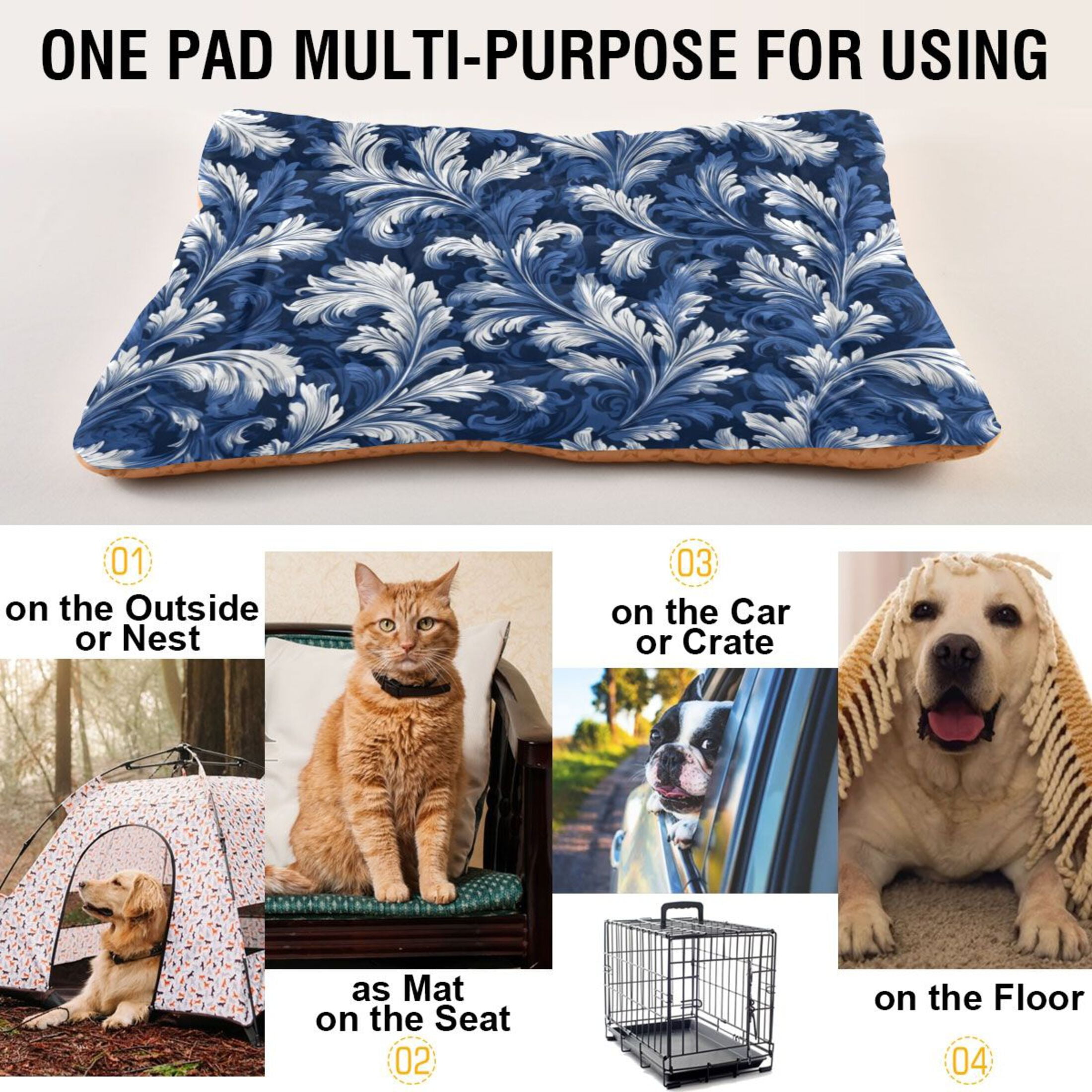 Cozy Mat Pet Bed Indoor Outdoor Warm Soft For Cat Dog Puppy(S/M) Dark Blue Acanthus Leaves