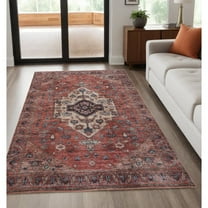 HomeRoots 5' X 7' Blue And Red Oriental Power Loom Distressed Washable Non Skid Area Rug