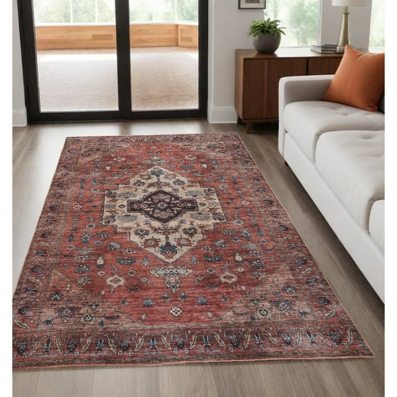 HomeRoots 5' X 7' Blue And Red Oriental Power Loom Distressed Washable Non Skid Area Rug