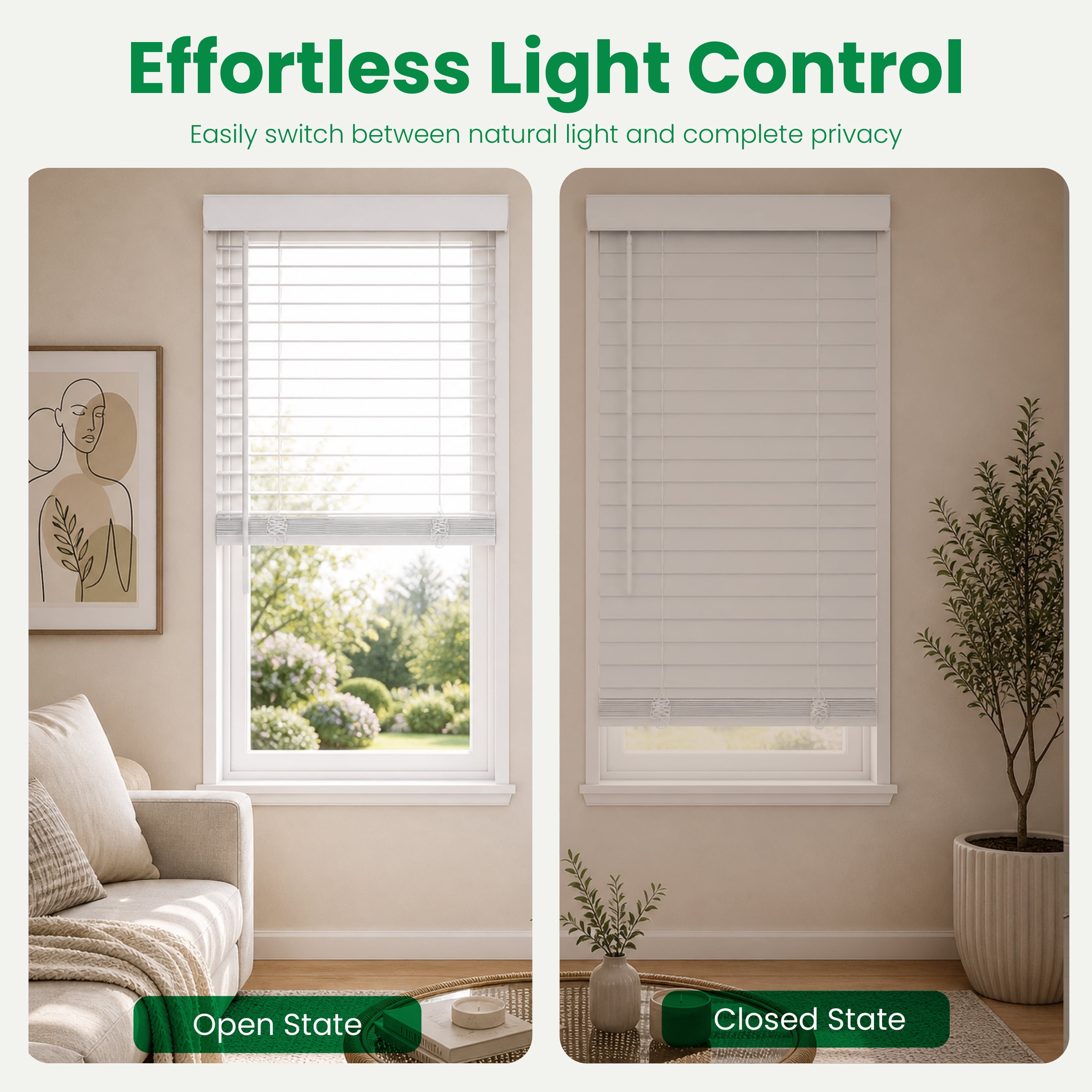 CALYX INTERIORS Faux Wood Blinds with Classic Valance, Cordless, 2" Slat, 22"W x 60"H, Room Darkening Shade for Windows and Doors, Pure White
