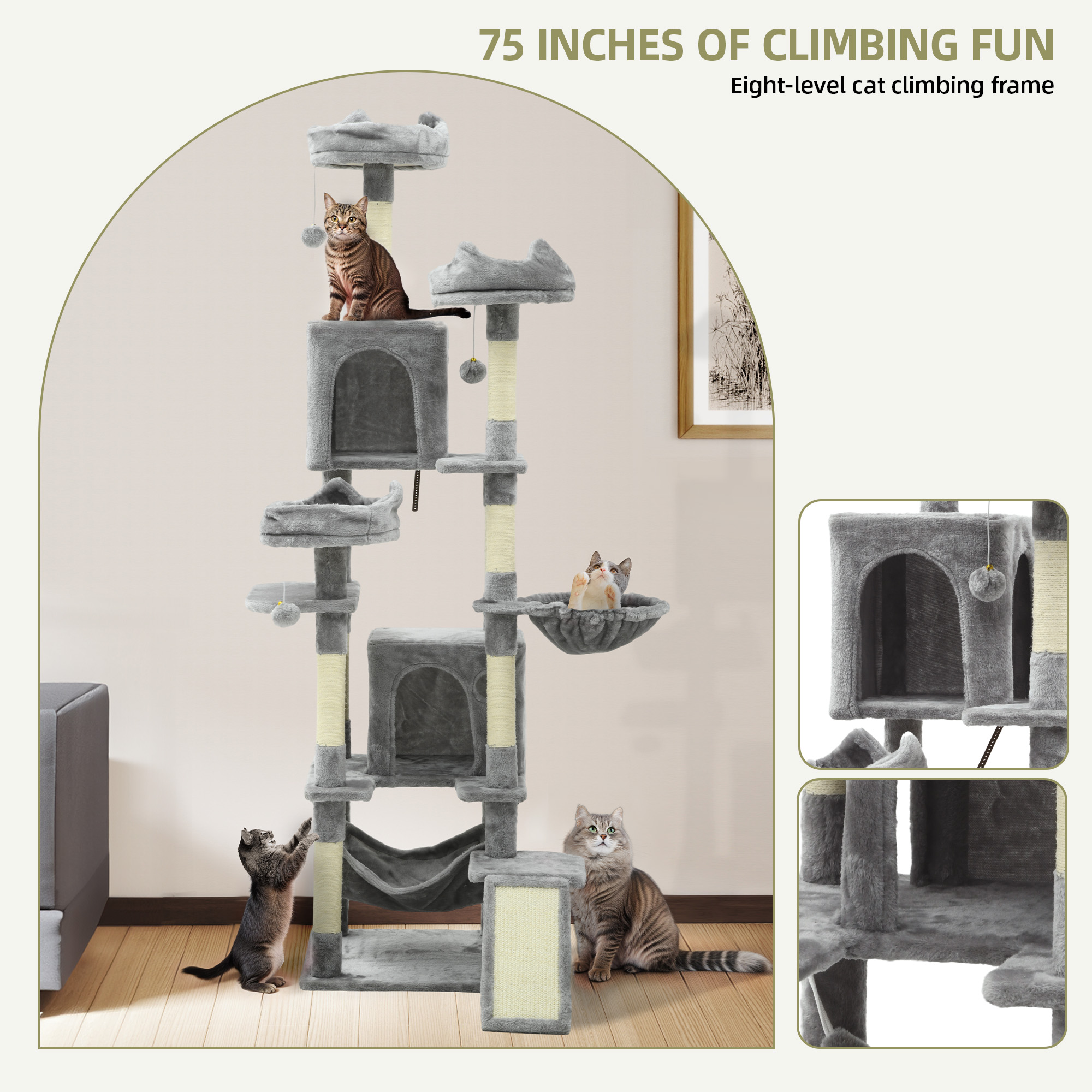 Uforic 75in Large Cat Tree Tower, Multi-Level Cat Condos, with Scratch Posts, Cozy Basket Hammocks, Top Perches, Sisal Ramp, Light Gray