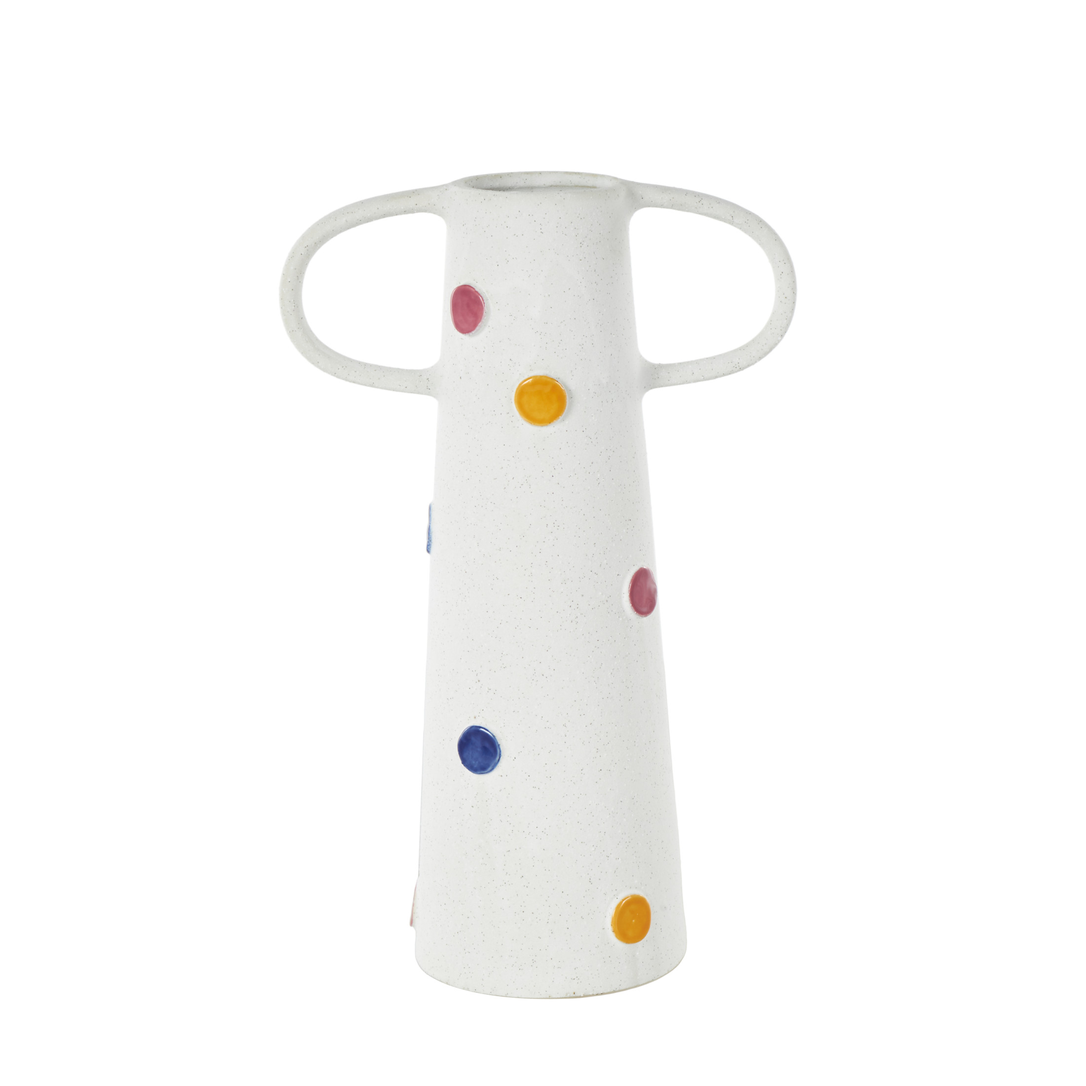 DecMode 16" Slim Cone White Ceramic Vase with Multicolor Spots and Handles