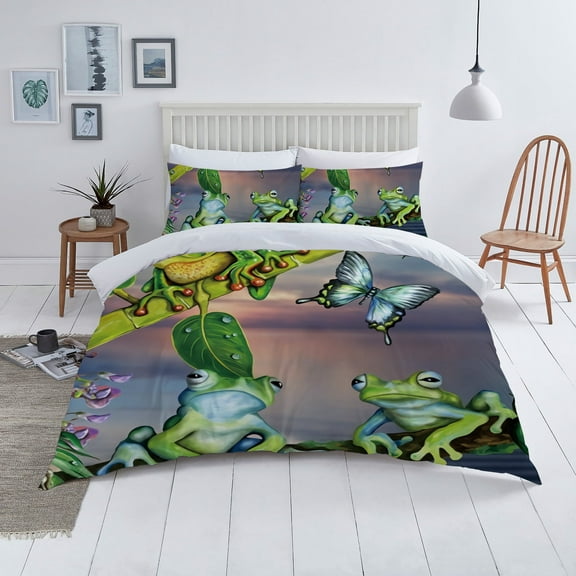 2/3 Pcs Duvet Cover Sets Cartoon Frog Printed Bedding Cover Suit Duvet Covers,Twin (68"x86")