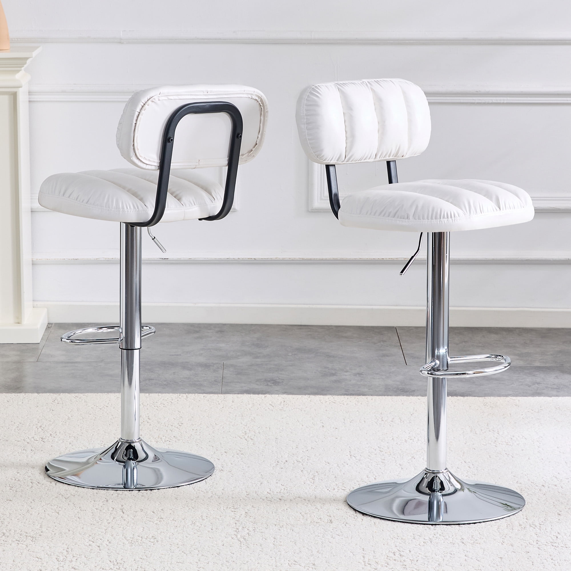 Alvantor Set of 2 White PU Leather Adjustable Bar Stools with Chrome Base