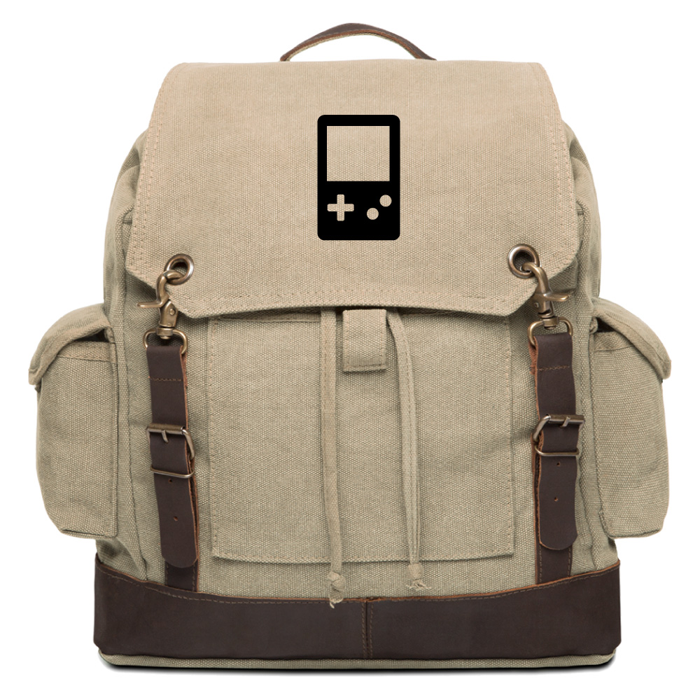 gameboy controler vintage canvas rucksack backpack with leather straps
