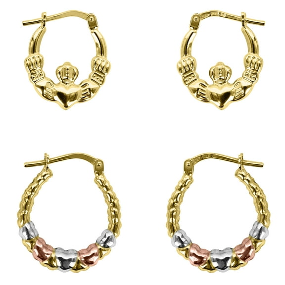 Brilliance Fine Jewelry Women's 14K Gold Plated Sterling Silver Claddagh and Heart Hoops Earrings