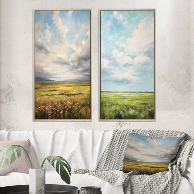Designart "pasture Bold Horizon II" Meadow Framed Wall Art Set Of 2 - Green Landscapes Frame Gallery Set For Office Decor