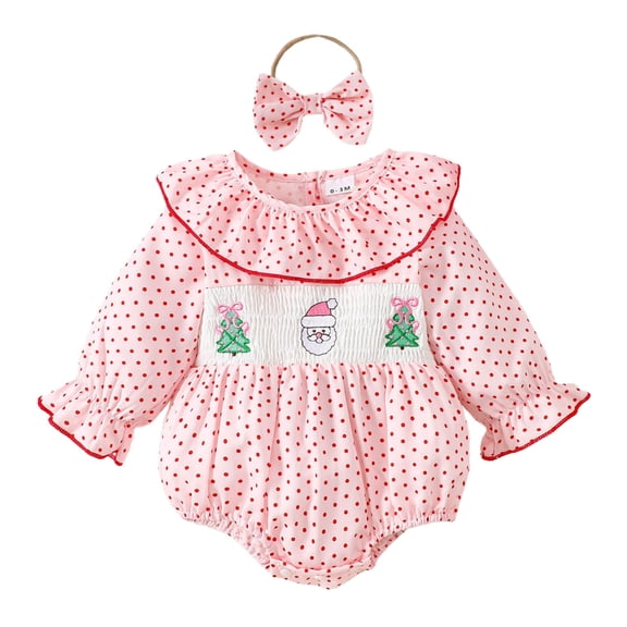 THDHVS Toddler Outfits for Girls,Girls Romper,Girls Jumpsuit Long Sleeve Ruffle Collar Romper with Christmas Print for Toddler Girls Outfits Soft Cotton Newborn Clothes Pink 6-12 Months