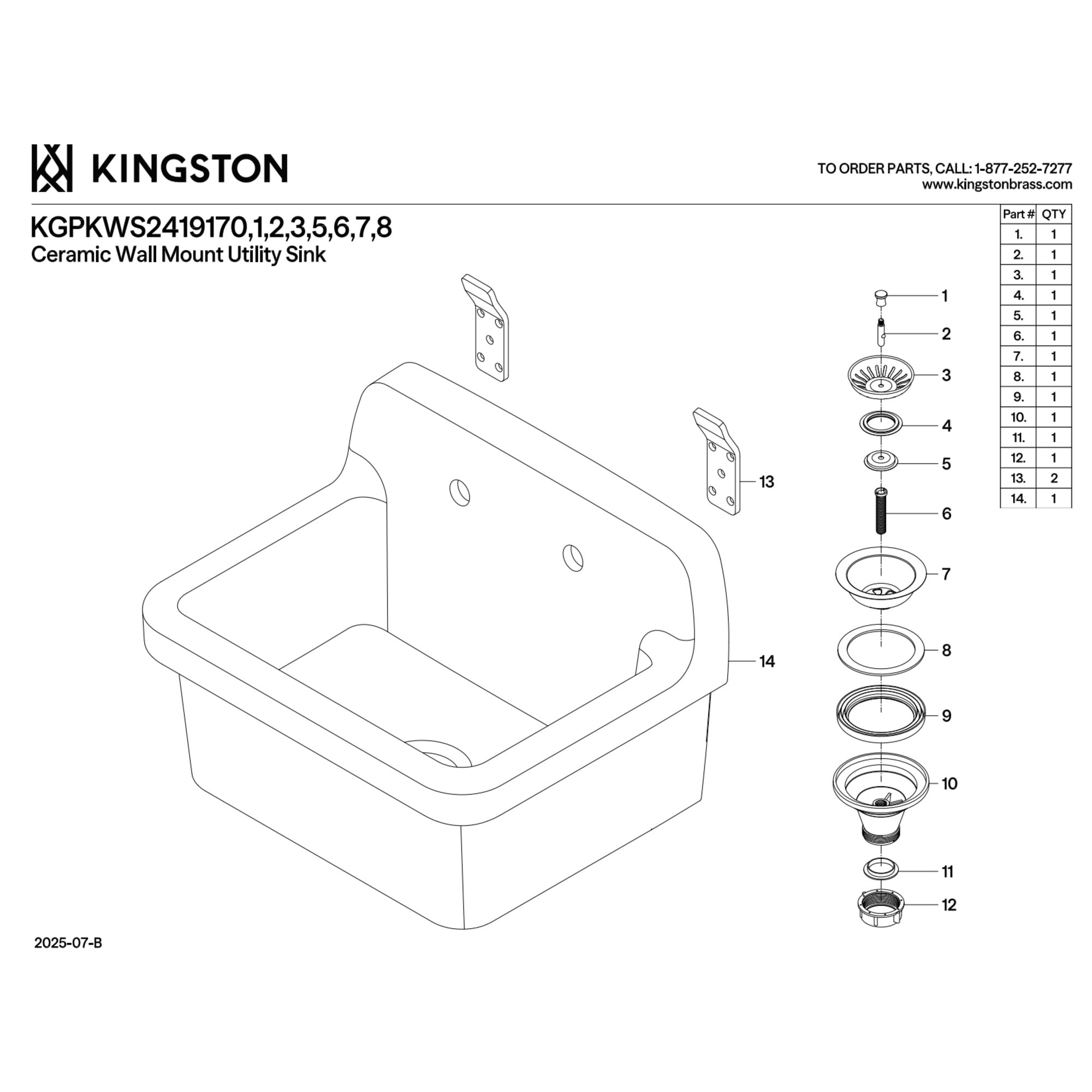 Kingston Brass KGPKWS2419173 Doriteal 24-Inch Ceramic Single Bowl Wall Mount Kitchen Sink with Strainer in White/Antique Brass