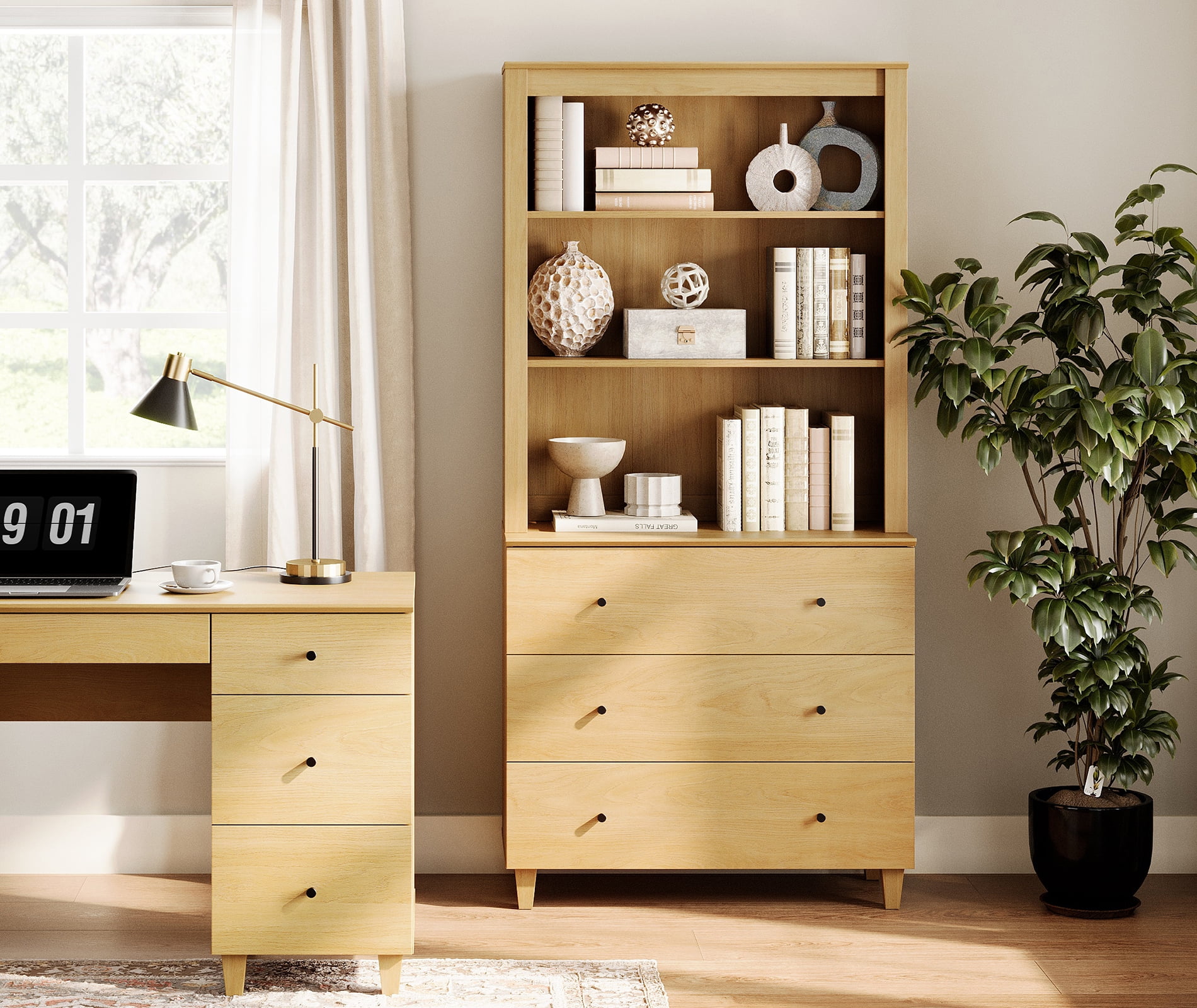 Modern 71 inches Tall Bookcase with 3 Drawers, 3-Tier for Home Office,Oak Wood