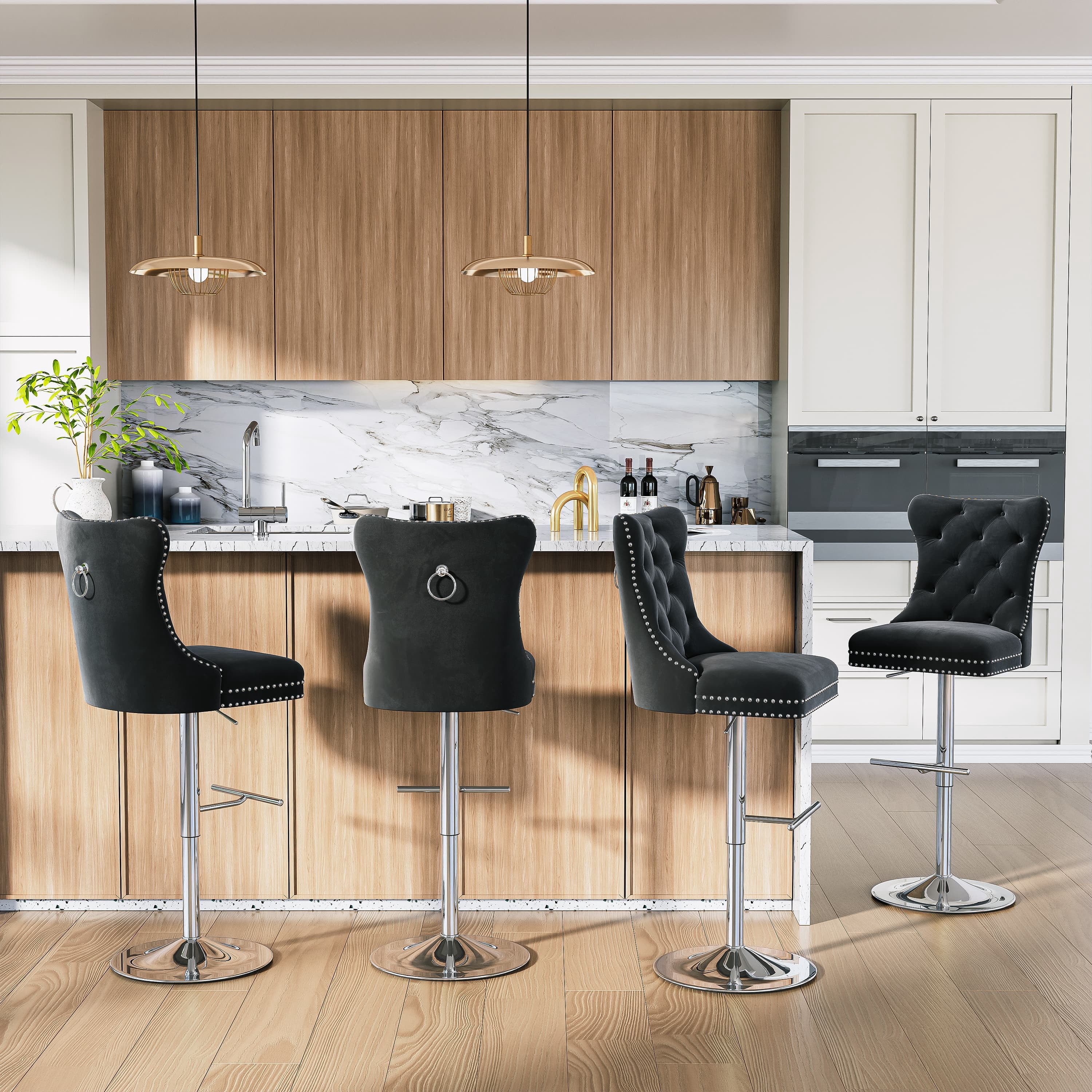 Modern Velvet Bar Stools Set of 4 Adjustable Swivel Counter Height Chairs with Upholstered Back and Nailhead Trim for Home Pub Kitchen Island