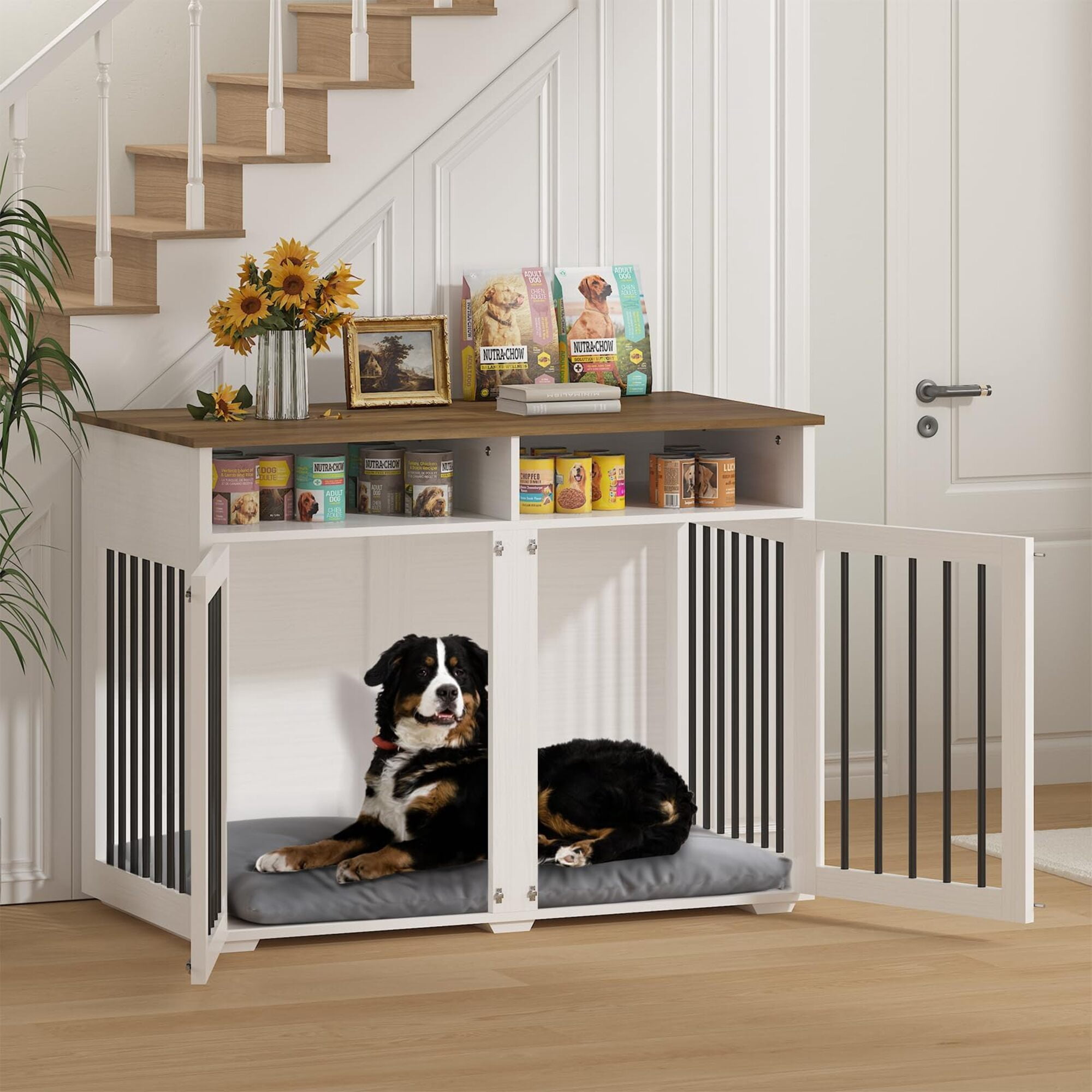 41" White Farmhouse 2-Lockable Door Dog Crate with Storage Shelves – Sturdy Indoor Kennel for 2 Small/Medium Dogs, Removable Divider Included