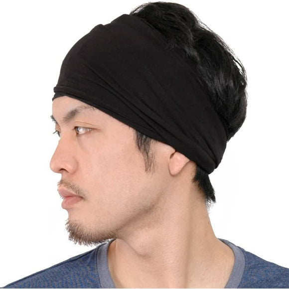 shiyou-Mens Elastic Running Bandana Headband - Womens Japanese Long Hair Dreads Head Wrap Black