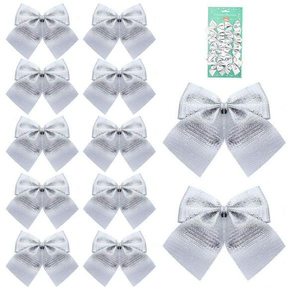 Scheam 12 Pcs Festival Bowknot Christmas Tree Decorations Silver Mini Christmas Bows Glitter Ribbon Bows Ornaments with Foil Tie for DIY Crafts Gift Wrapping Holiday Wreath Home Decoration