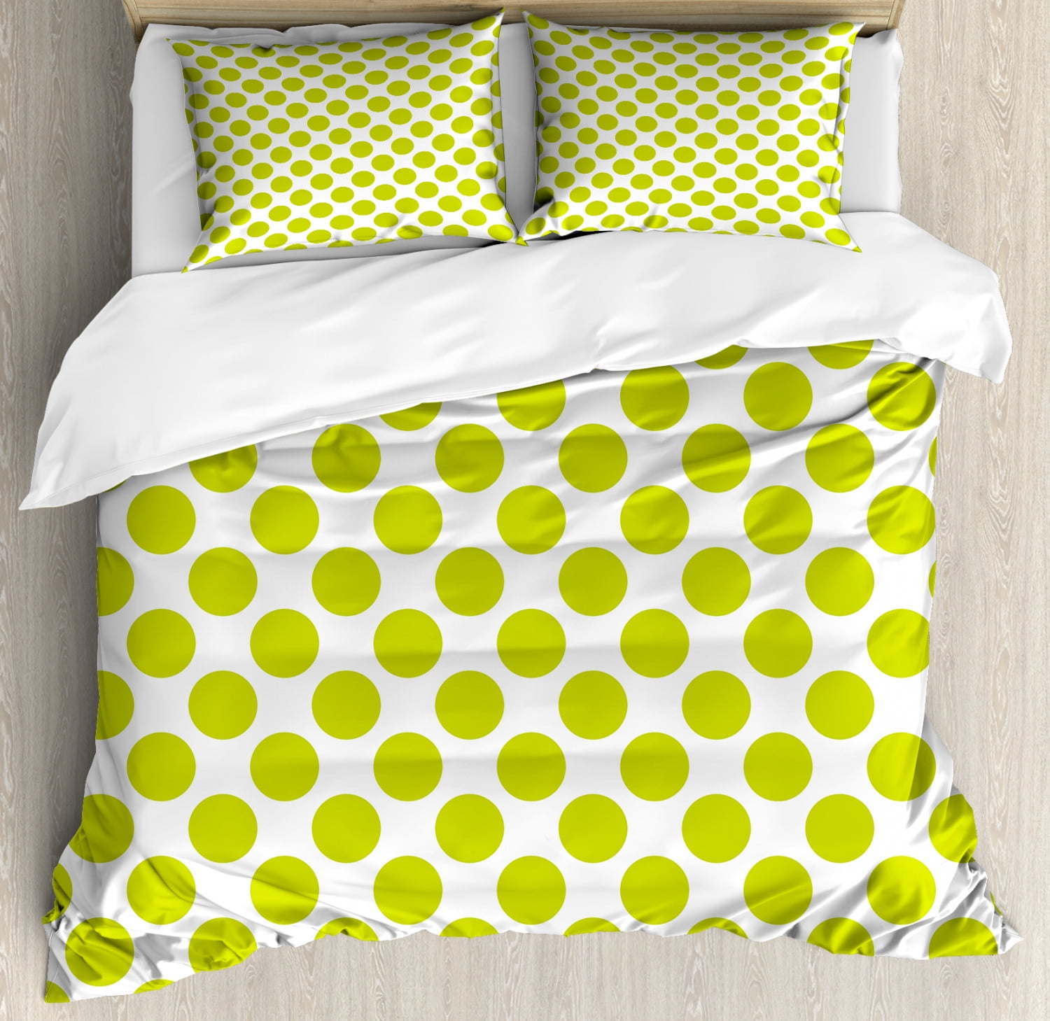 Lime Green Duvet Cover Set Queen Size, Nostalgic Polka Dots Style Large